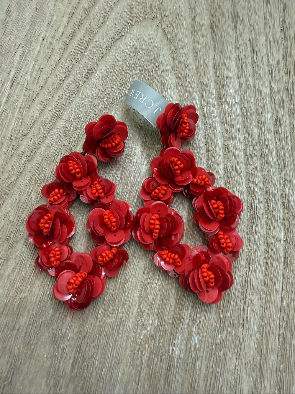 J.Crew Red Sequin Flower Petal Statement Earrings Beaded Leather Back